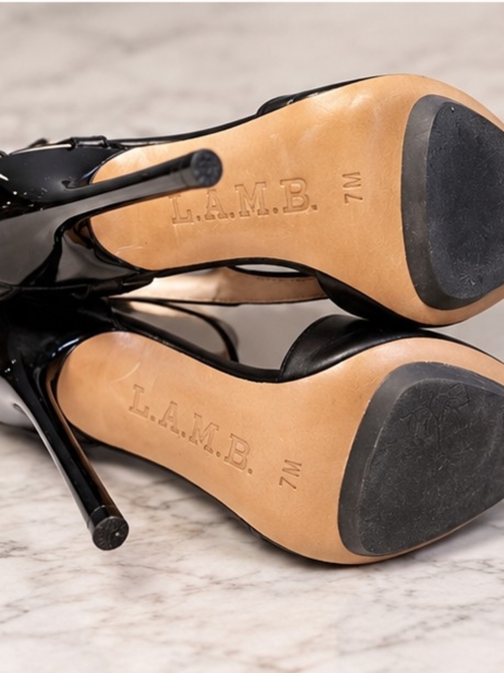 Classic Black Leather L.A.M.B. Pointed-Tip Ankle-Strap Stiletto Heels - Women's - Picture 4 of 4